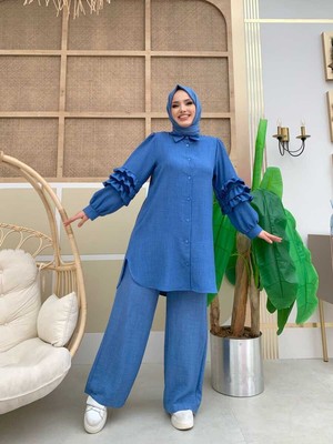 Bym Fashion Bym Kol Fırfır Detay Boydan Düğmeli Tunik 2713 Indigo