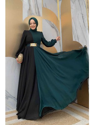 Bym Fashion İki Renkli Şifon Bel Kemer Aksesuarlı Abiye Elbise 3806 Zümrüt
