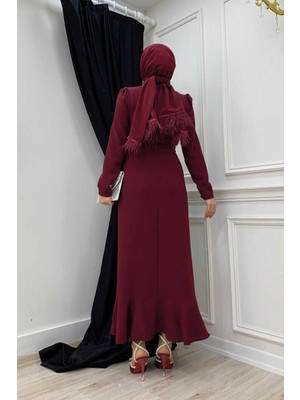 Bym Fashion Bym Ön Zincir Püskül Detay Balık Model Abiye Elbise 3810 Bordo