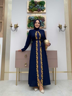 Bym Fashion Bym Bel Kuşaklı Boncuk Işlemeli Abaya 7821 Lacivert