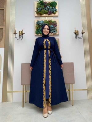 Bym Fashion Bym Bel Kuşaklı Boncuk Işlemeli Abaya 7821 Lacivert