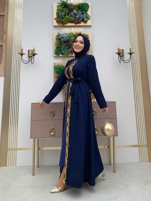 Bym Fashion Bym Bel Kuşaklı Boncuk Işlemeli Abaya 7821 Lacivert