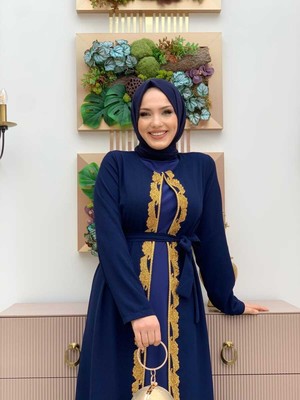 Bym Fashion Bym Bel Kuşaklı Boncuk Işlemeli Abaya 7821 Lacivert