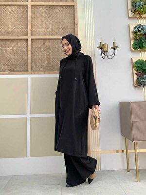 Bym Fashion Bym Kapşonlu Bağcık Detay Uzun Tunik ve Pantolonlu Takım 8436 Siyah