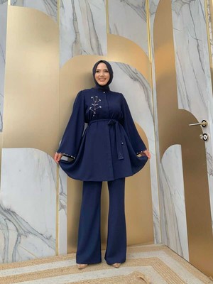 Bym Fashion Bym Taş Işleme Detaylı Kuşaklı Tunik ve Pantolonlu Takım 8432 Lacivert