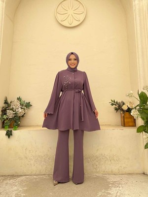 Bym Fashion Bym Taş Işleme Detaylı Kuşaklı Tunik ve Pantolonlu Takım 8432 Lila