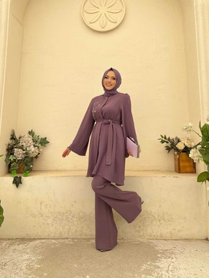 Bym Fashion Bym Taş Işleme Detaylı Kuşaklı Tunik ve Pantolonlu Takım 8432 Lila