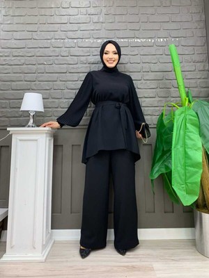 Bym Fashion Bym Kol Pilise Detaylı Tunik ve Pantolonlu Takım 8435 Siyah