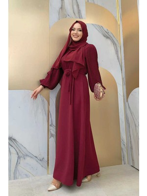 Bym Fashion Bym Kol Pliseli Bel Kuşaklı Elbise 3831 Bordo