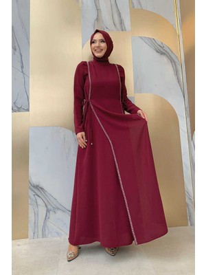 Bym Fashion Bym Taş Detaylı Yanları Bağcıklı Elbise 3826 Bordo