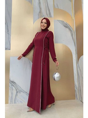 Bym Fashion Bym Taş Detaylı Yanları Bağcıklı Elbise 3826 Bordo