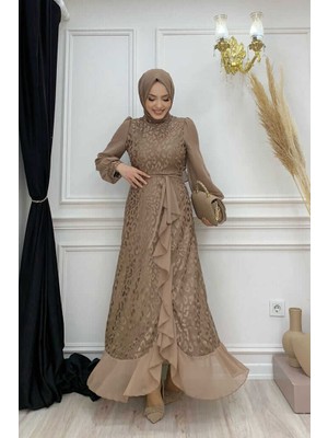 Bym Fashion Dantel Görünümlü Şifon Fırfır Detay Elbise 3783 Vizon