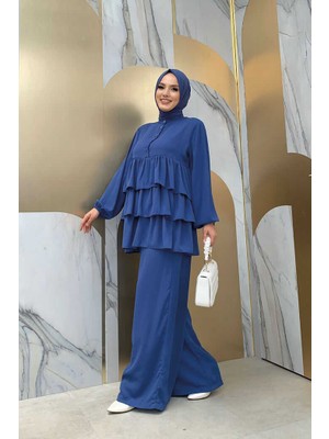 Bym Fashion Bym Düğme Detaylı Kat Kat Tunik Pantolon Takım 8461 Indigo