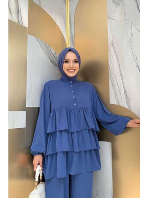 Bym Fashion Bym Düğme Detaylı Kat Kat Tunik Pantolon Takım 8461 Indigo