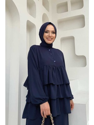 Bym Fashion Bym Düğme Detaylı Kat Kat Tunik Pantolon Takım 8461 Lacivert