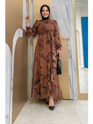 Bym Fashion Bym Yaprak Desen Fırfır Detay Şifon Elbise 3842 Taba