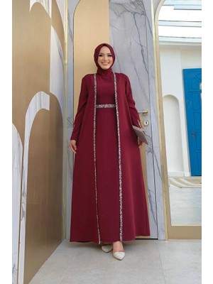 Bym Fashion Bym Taş Işleme Detaylı Yelekli Elbise Takım 3838 Bordo