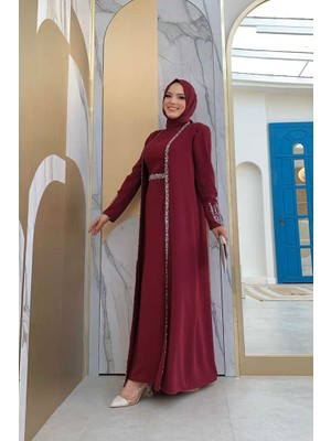 Bym Fashion Bym Taş Işleme Detaylı Yelekli Elbise Takım 3838 Bordo