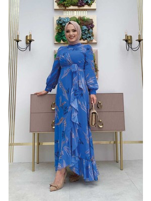 Bym Fashion Yaprak Desen Fırfır Detay Şifon Elbise 3842 Mavi