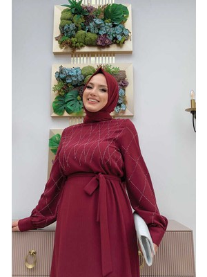 Bym Fashion Bym Taş Işlemeli Kuşaklı Elbise 3830 Bordo