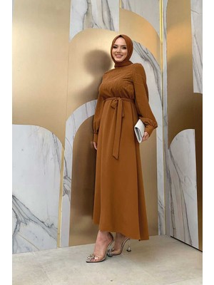 Bym Fashion Bym Taş Işlemeli Kuşaklı Elbise 3830 Taba