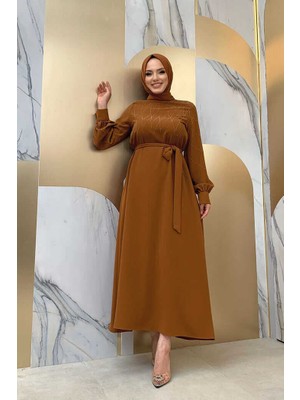Bym Fashion Taş İşlemeli Kuşaklı Elbise 3830 Taba