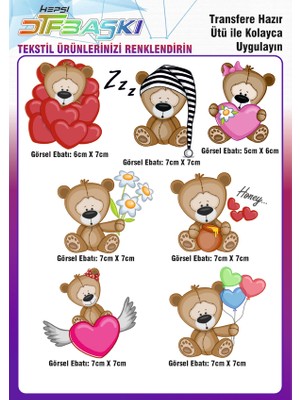F17 Ajans Sevimli Ayıcıklar 7 Adet Ütü ile Yapışan Tekstil Dtf Baskı