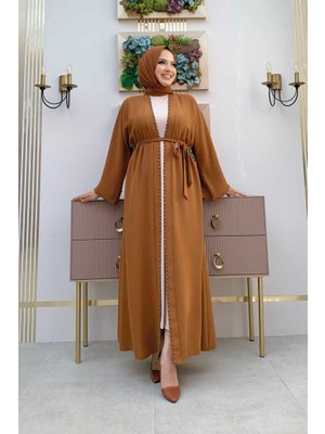 Bym Fashion Bym 7833 Inci Detay Kuşaklı Abaya Taba