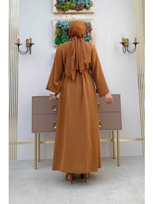 Bym Fashion Bym 7833 Inci Detay Kuşaklı Abaya Taba