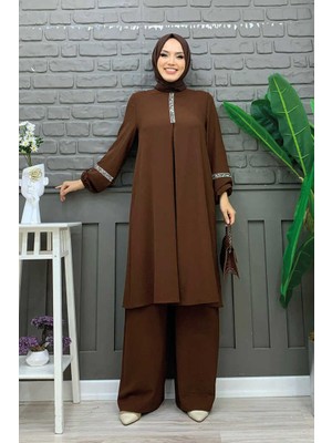 Bym Fashion Bym Taş Işleme Detaylı Pantolonlu Tunik Takım 8464 Kahverengi