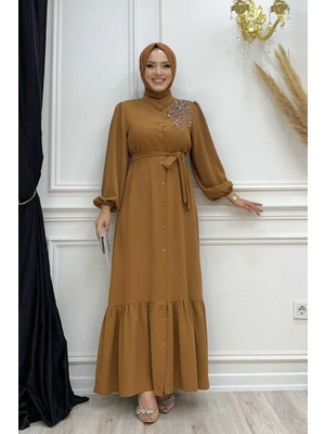 Bym Fashion Boydan Düğmeli Omuz Taş İşleme Detaylı Ferace Elbise 3840 Taba