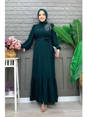 Bym Fashion Boydan Düğmeli Omuz Taş İşleme Detaylı Ferace Elbise 3840 Zümrüt