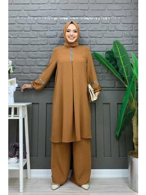 Bym Fashion Bym Taş Işleme Detaylı Pantolonlu Tunik Takım 8464 Taba