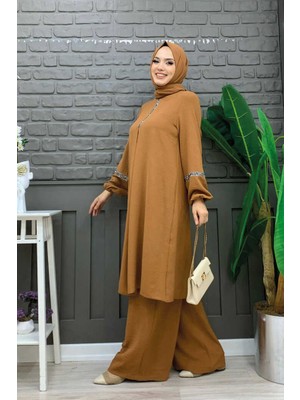 Bym Fashion Bym Taş Işleme Detaylı Pantolonlu Tunik Takım 8464 Taba