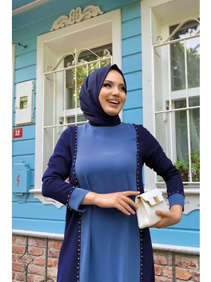 Bym Fashion Bym Iki Renkli Taş Baskılı Elbise 3848 Lacivert