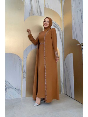 Bym Fashion Bym 3838-1 Taş Detaylı Yelekli Takım Taba