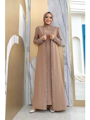 Bym Fashion Büyük Beden Taş İşleme Detaylı Yelekli Elbise Takım 3838-1 Vizon