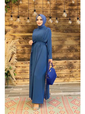 Bym Fashion Bym Şifon Pelerin Detay Bel Kuşaklı Tulum 3330 Indigo