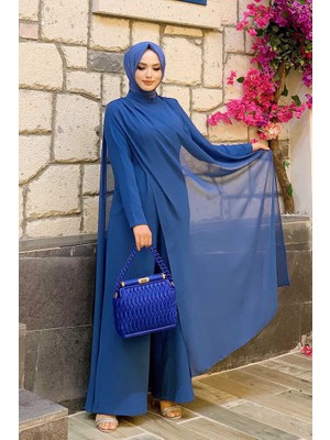 Bym Fashion Bym Şifon Pelerin Detay Bel Kuşaklı Tulum 3330 Indigo