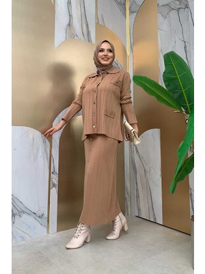 Bym Fashion Bym Düğme Detaylı Cep Görünümlü Etekli Ikili Takım 23306 Taba