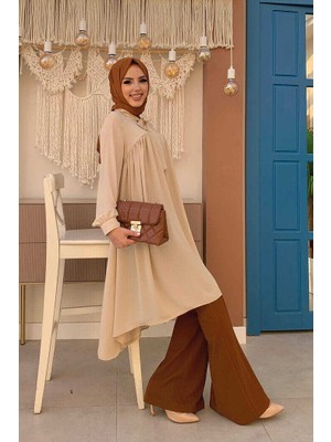 Bym Fashion Bym Yaka Detay Kuyruklu Kol Manşetli Şifon Tunik 2454 Taş