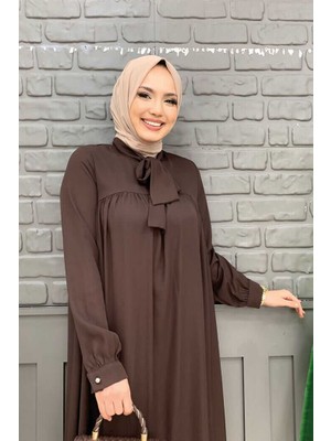 Bym Fashion Bym Yaka Detay Kuyruklu Kol Manşetli Şifon Tunik 2454 Kahverengi