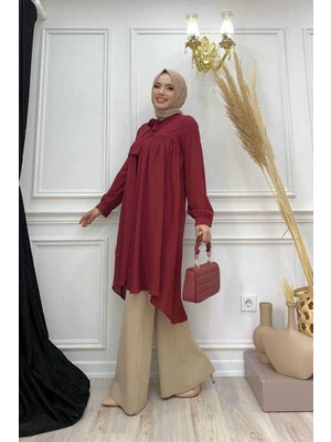 Bym Fashion Bym Yaka Detay Kuyruklu Kol Manşetli Şifon Tunik 2454 Bordo