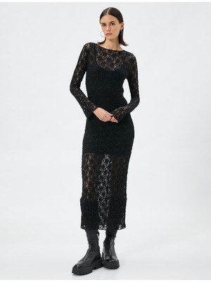 Koton Dantelli Elbise Midi Boy İspanyol Kol Bisiklet Yaka Astarlı