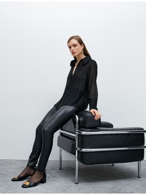 Koton Deri Görünümlü Tayt Pantolon Normal Bel