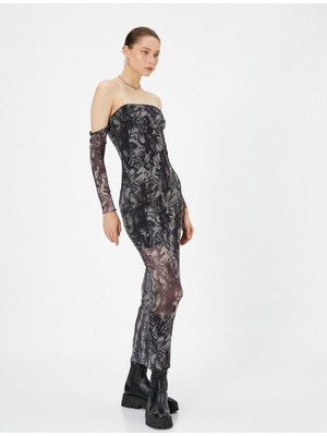 Koton Maksi Transparan Straplez Elbise Astarlı Gotik Temalı Baskılı