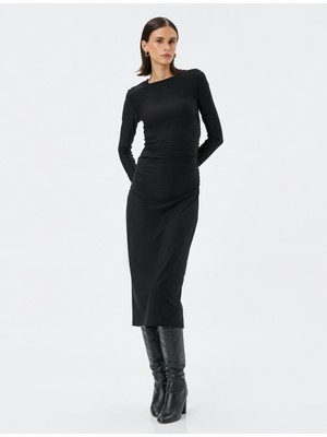 Koton Midi Kalem Elbise Uzun Kollu Bisiklet Yaka Slim Fit