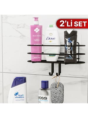 Bino Banyo Düzenleyici Şampuanlık Sabunluk 2li Set Yapışkanlı 4 Askılı Duş Rafı Paslanmaz Organizer