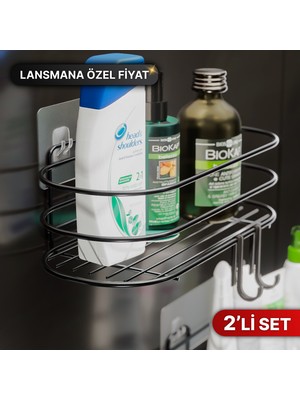 Bino Banyo Düzenleyici Şampuanlık Sabunluk 2li Set Yapışkanlı 4 Askılı Duş Rafı Paslanmaz Organizer