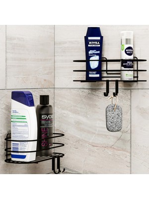 Bino Banyo Düzenleyici Şampuanlık Sabunluk 2li Set Yapışkanlı 4 Askılı Duş Rafı Paslanmaz Organizer